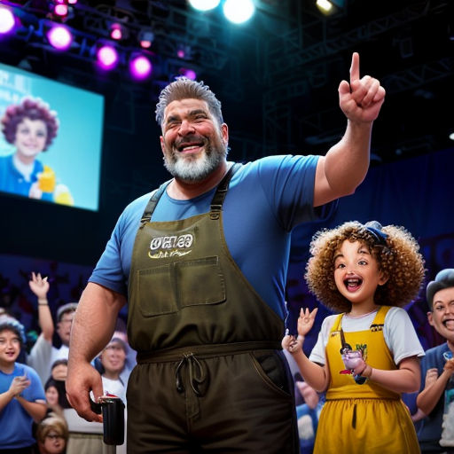 a man with a beard and an apron standing in front of a crowd of people with their hands up