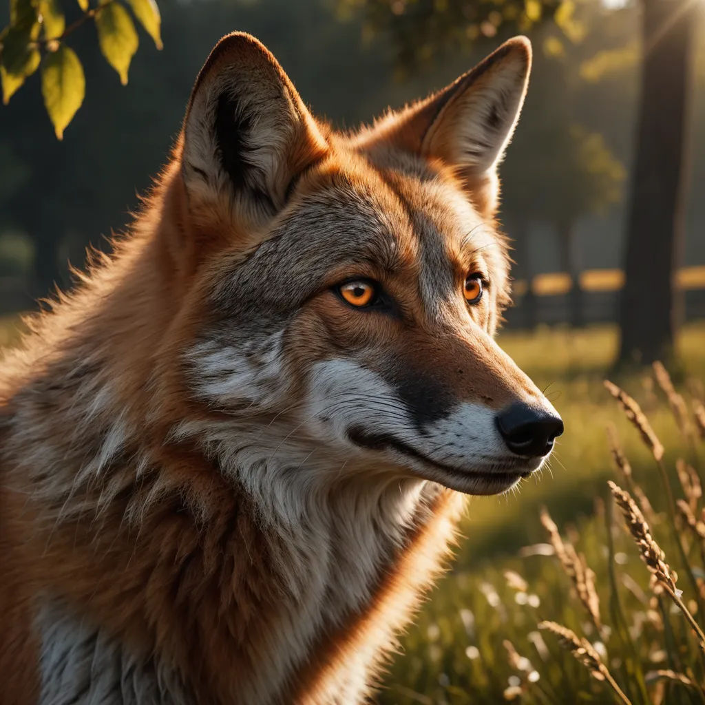 a close up of a fox in a field of grass with trees in the background and sunlight shining on the face, furry art, a 3D render, Chris LaBrooy, photoreal