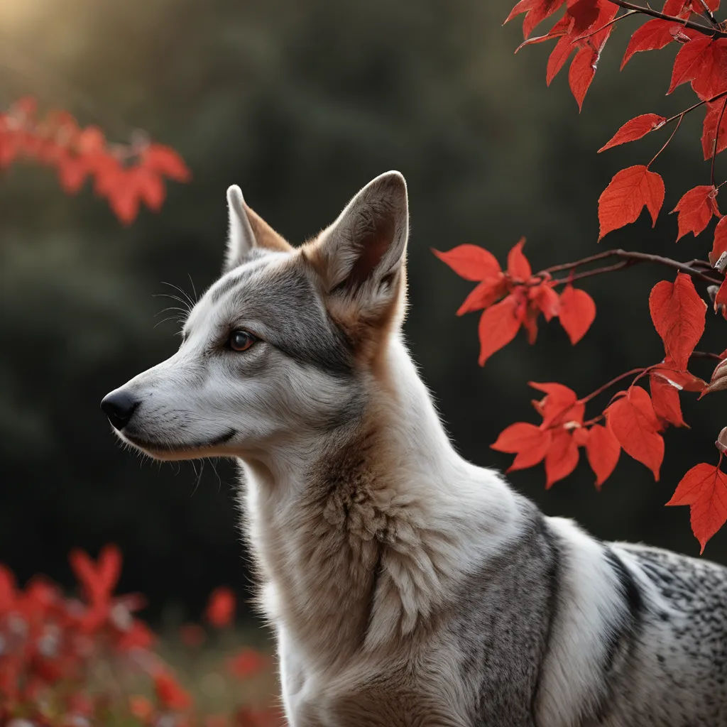 a dog standing in front of a tree with red leaves on it's branches and a tree with red leaves, color field, a stock photo, Elke Vogelsang, animal photography