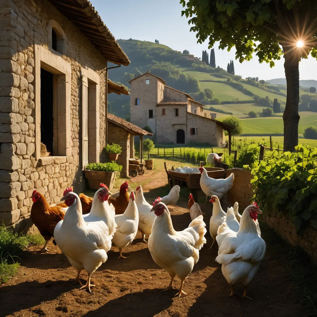 a group of chickens walking around a farm yard with a house in the background and a few trees in the foreground, massurrealism, a stock photo, Bernd Fasching, award - winning photography