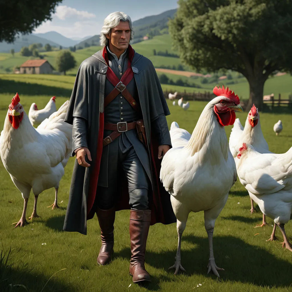 a man in a costume standing in a field with chickens and chickens behind him, with a large group of chickens behind him, symbolism, computer graphics, Chris LaBrooy, unreal engine highly rendered