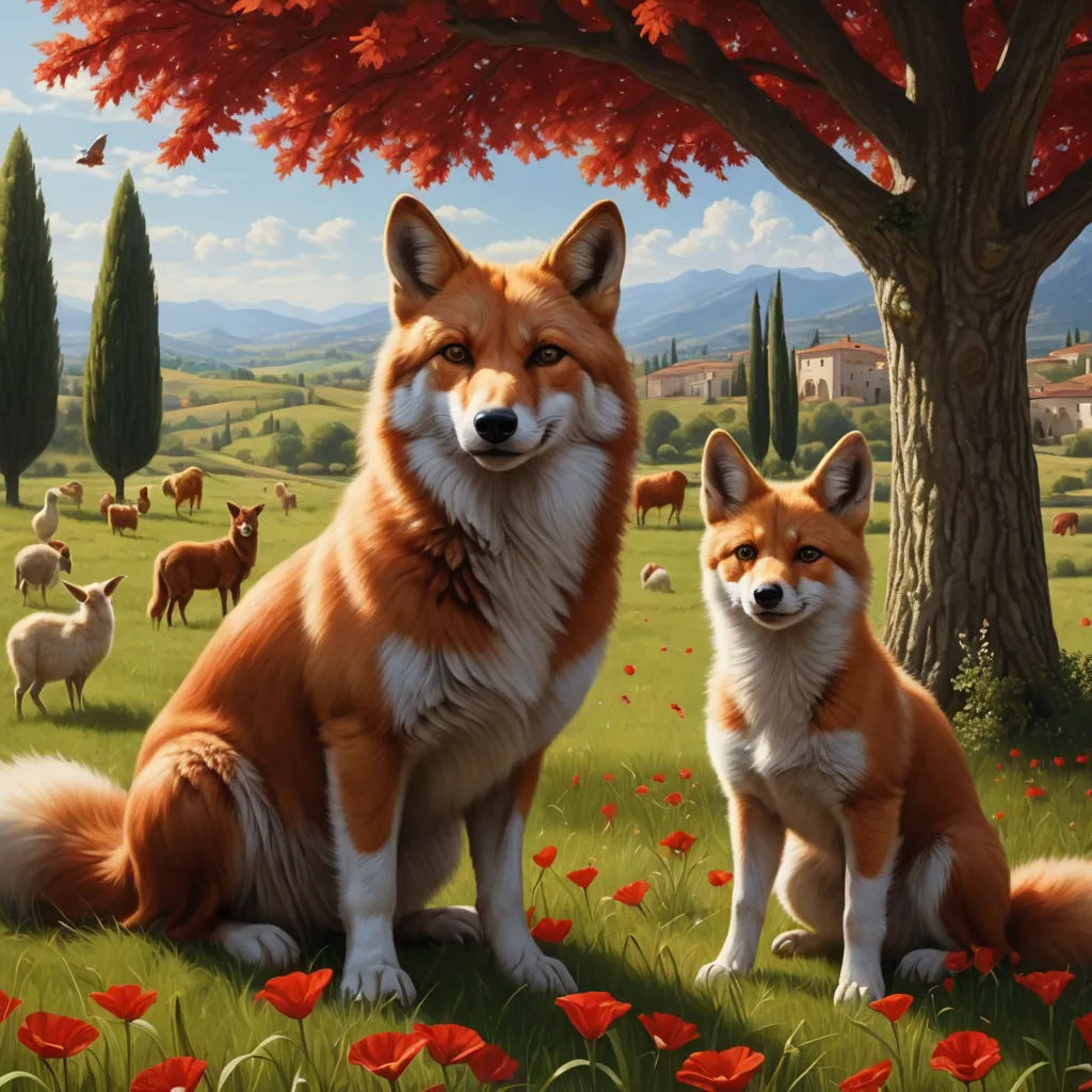 a painting of two foxes sitting in a field of flowers and trees with a dog looking at the camera, furry art, an oil painting, Brothers Hildebrandt, highly detailed digital painting