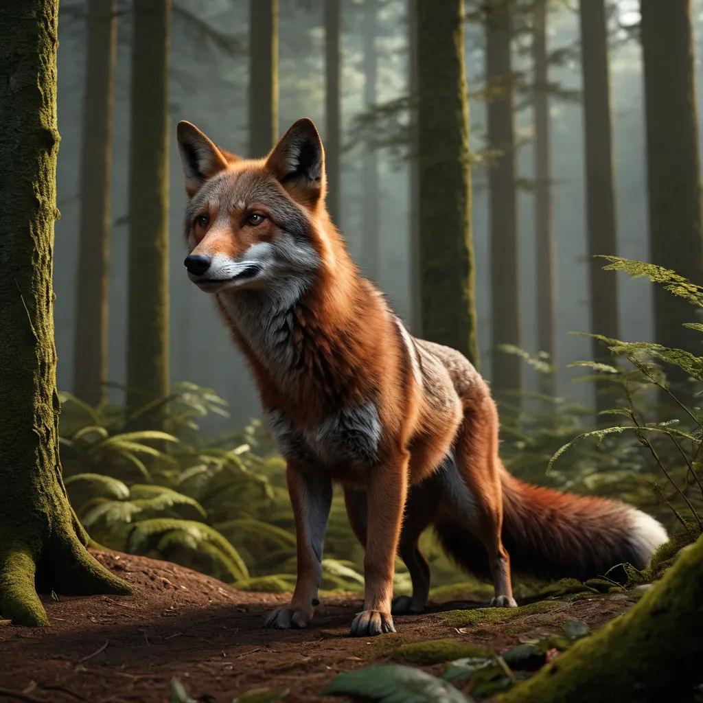 a fox standing in the middle of a forest with trees and ferns on the ground and a light shining on the ground, furry art, a 3D render, Chris LaBrooy, promotional image