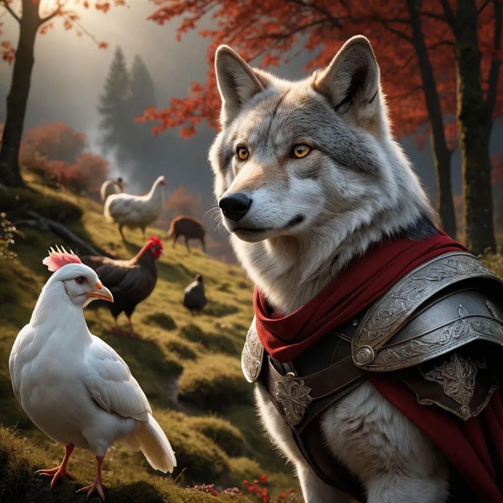 a wolf and a chicken are standing in a field with trees and grass in the background, and a bird is standing on the ground, furry art, concept art, Chris LaBrooy, ultra realistic digital art