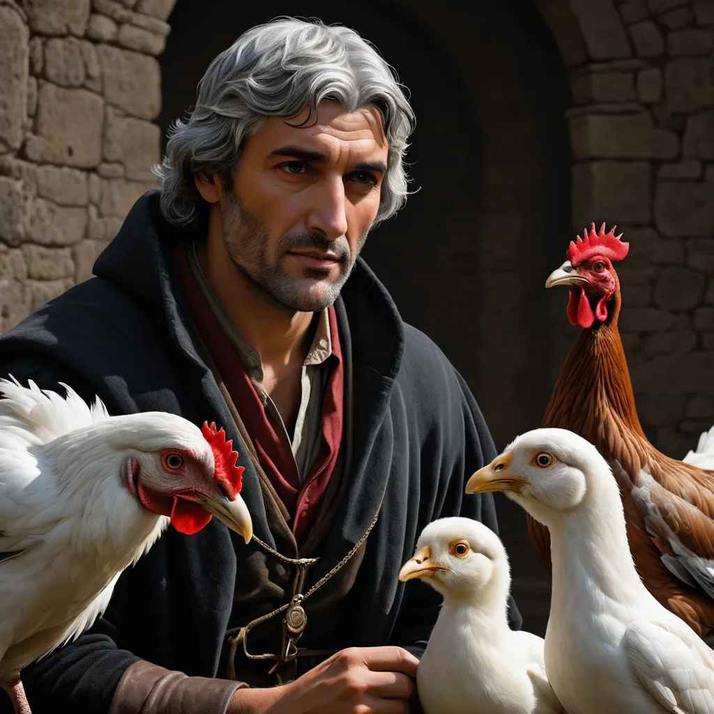 a man with a beard and a beard standing next to chickens in front of a stone building with a doorway, fantasy art, computer graphics, Cedric Seaut (Keos Masons), ultra realistic faces