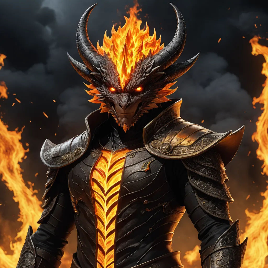 a man in a black suit with flames on his face and horns on his head, standing in front of a dark background, fantasy art, a 3D render, Anne Stokes, epic fantasy character art