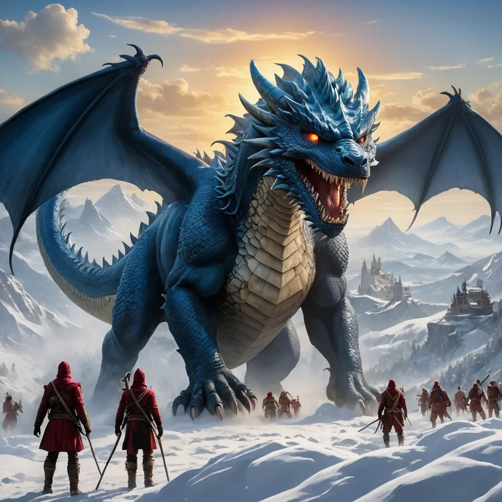 a dragon with a lot of people in the snow behind it and a castle in the background with a sky background, fantasy art, concept art, Anne Stokes, dragon art
