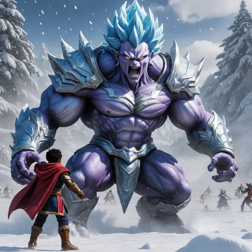 a man standing next to a giant purple monster in the snow with a red cape on his head and a man in a red cape, sots art, concept art, Chris LaBrooy, 2 d game art