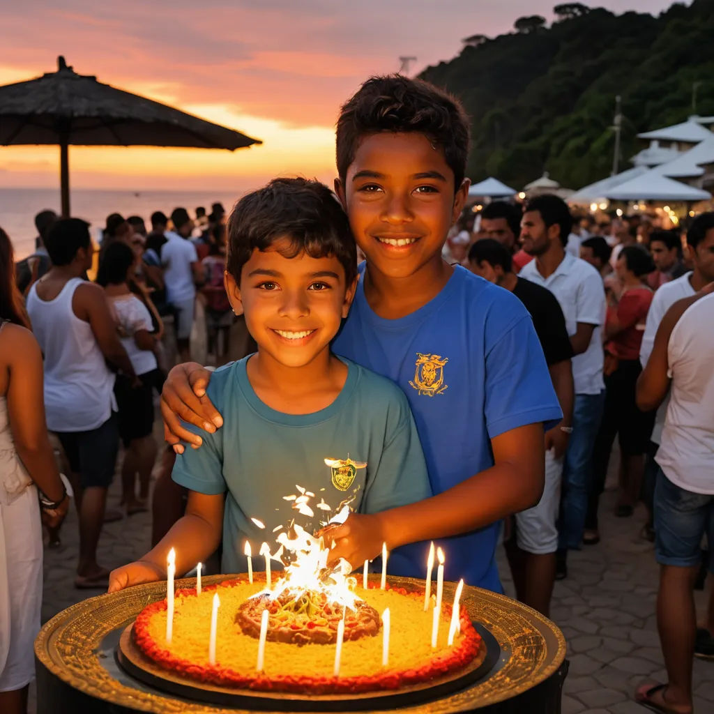 two boys standing in front of a cake with candles on it at a party with people in the background, samikshavad, a pastel, Ella Guru, promotional image