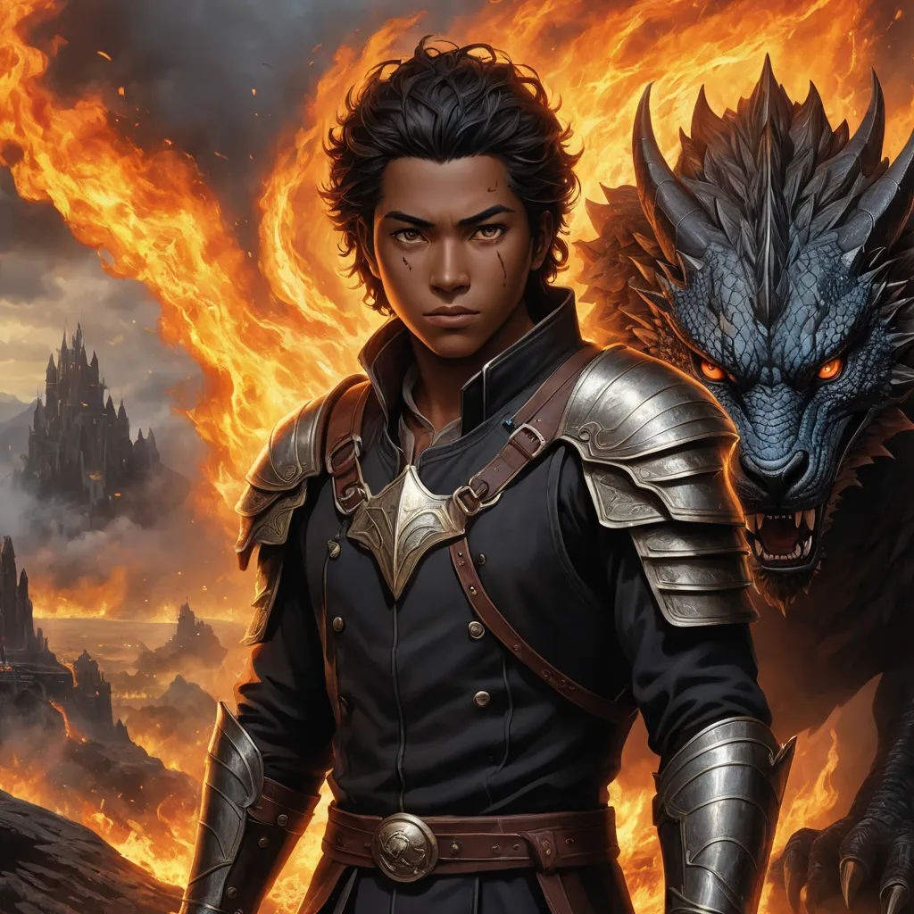a man in a suit standing in front of a dragon and a castle in the background with flames in the air, fantasy art, a character portrait, Cedric Seaut (Keos Masons), epic fantasy