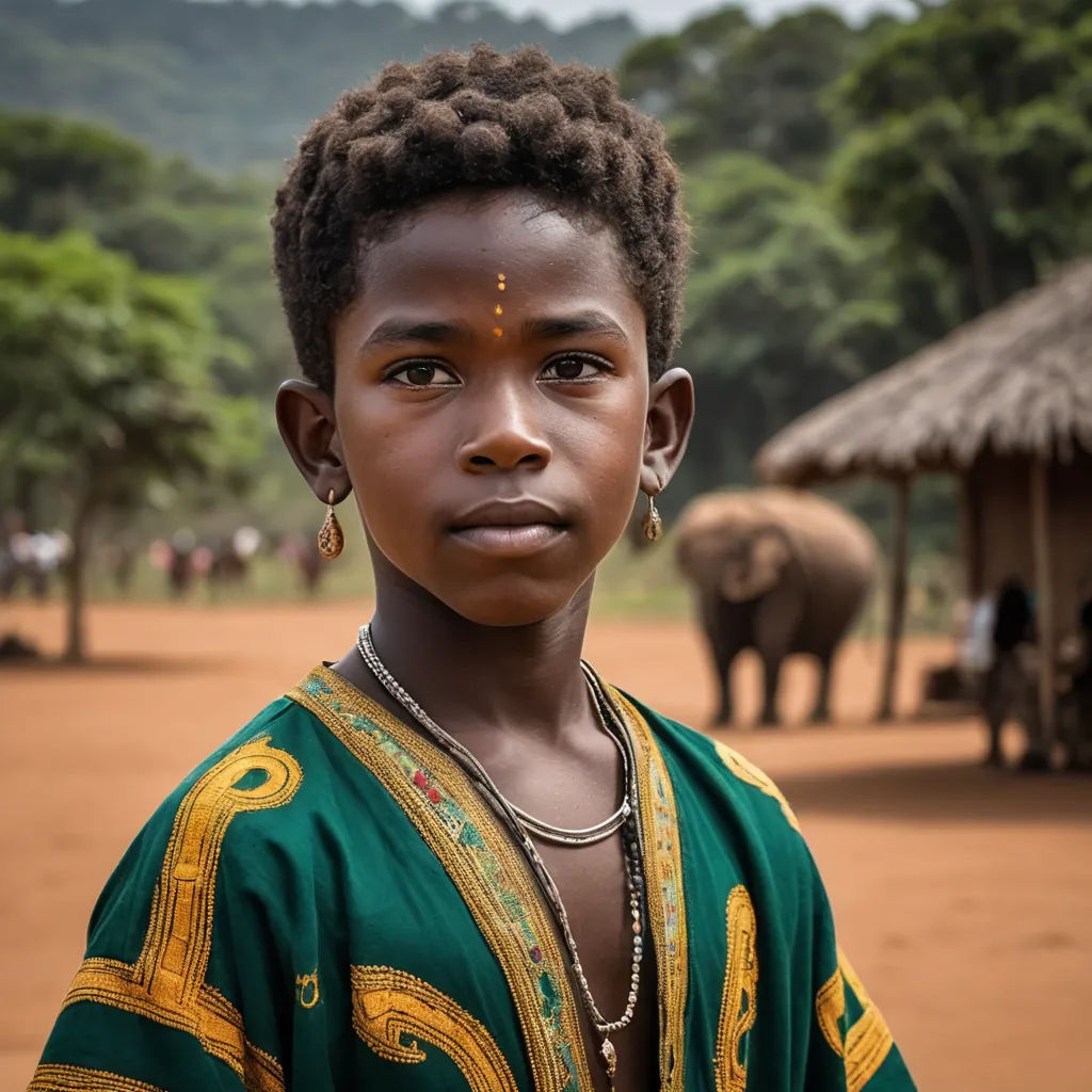 a young girl standing in front of a hut with elephants in the background and a hut with a thatched roof, afrofuturism, a portrait, Chinwe Chukwuogo-Roy, portrait photography