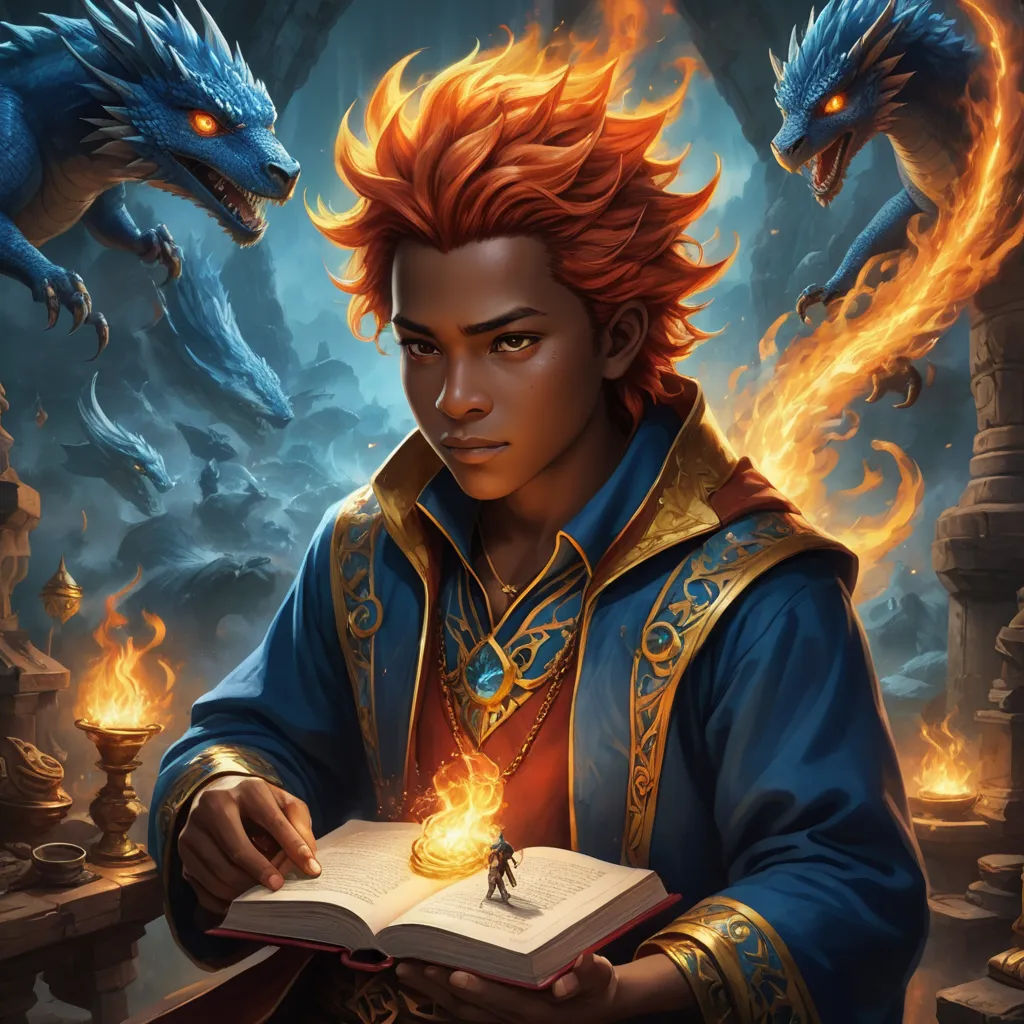 a man holding a book in his hands with a dragon on it and a dragon in the background with fire, fantasy art, a character portrait, Aaron Jasinski, epic fantasy character art