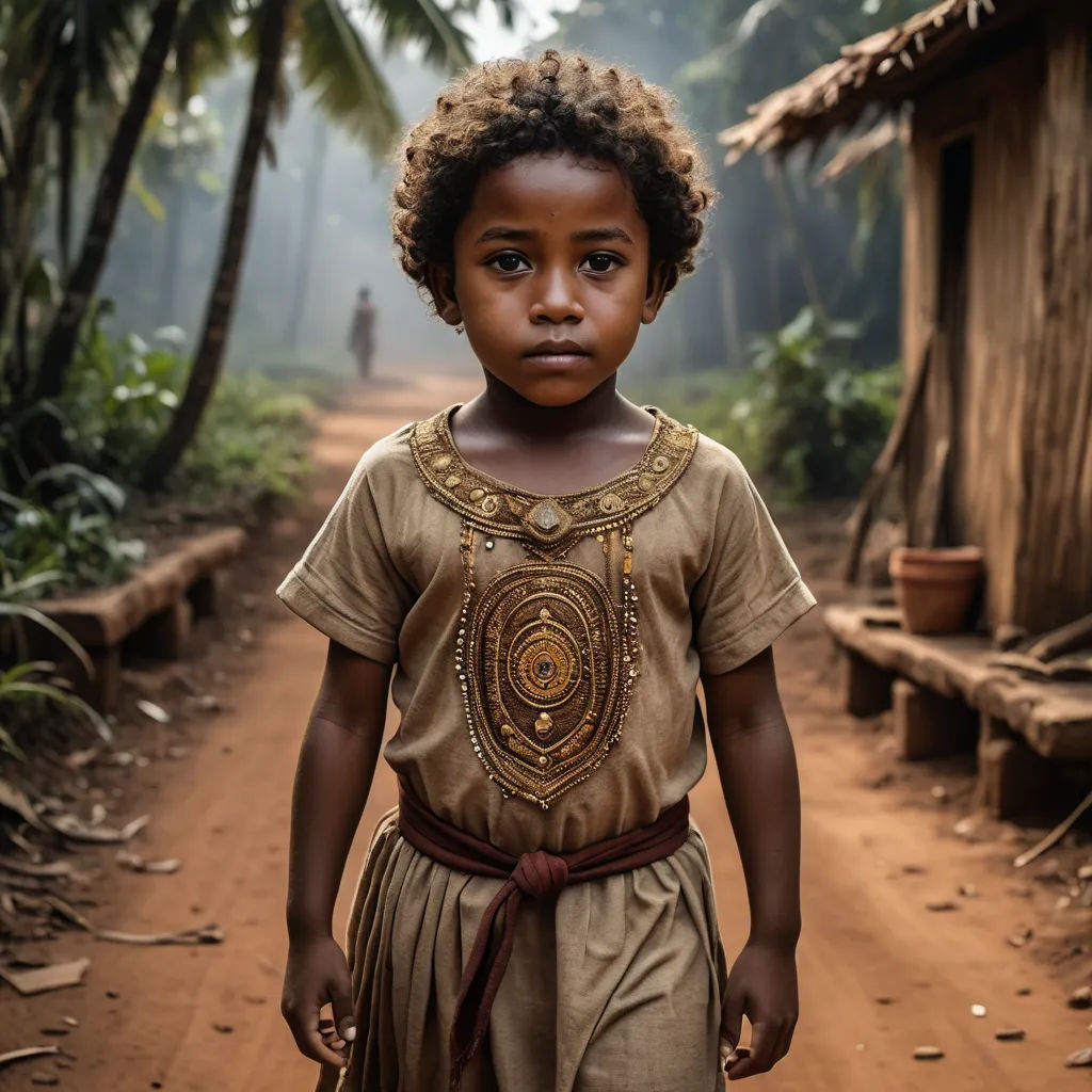 a young boy standing in front of a dirt road in a jungle setting with a hut in the background, afrofuturism, a character portrait, Daniel Lieske, cinematic photography