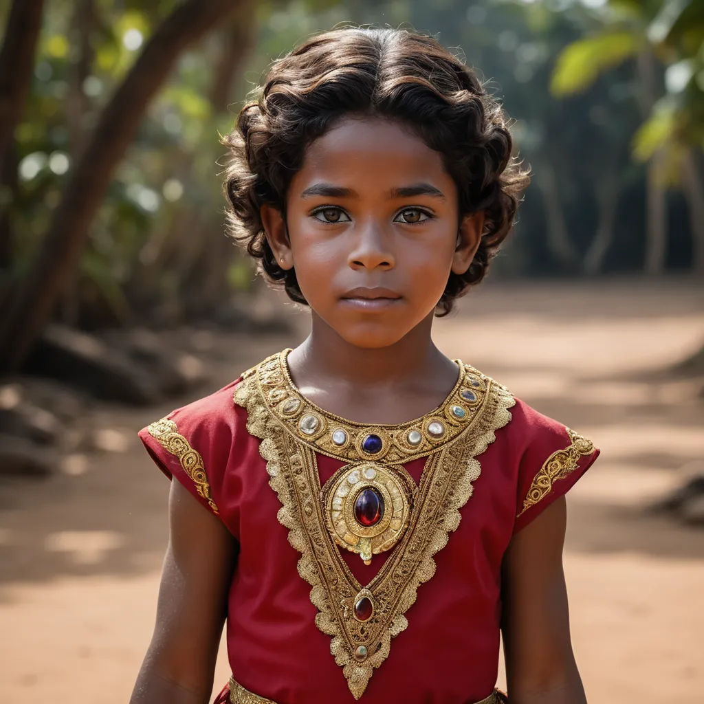 a young girl in a red dress with gold accents and a necklace on her neck and shoulders, standing in a dirt path, samikshavad, a character portrait, Ella Guru, promotional image