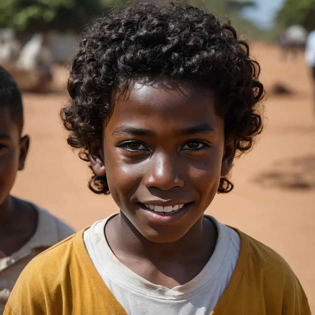 a boy with curly hair smiling at the camera with another boy in the background behind him and a dirt road, hurufiyya, a character portrait, Afewerk Tekle, 8 5 mm f 1. 8