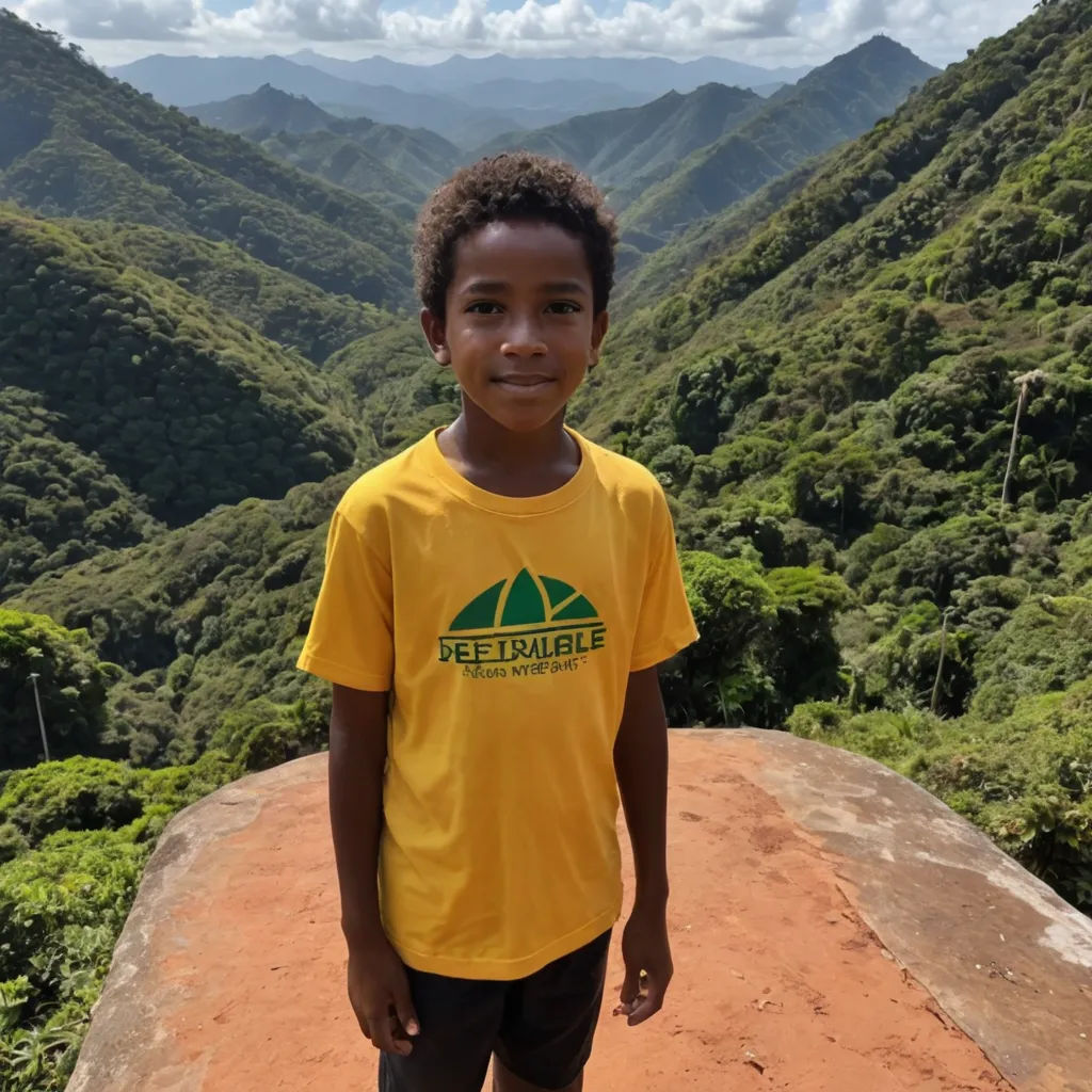 a young boy standing on a mountain top with a valley in the background and mountains in the distance with a green logo, environmental art, a character portrait, Esaias Boursse, kai carpenter