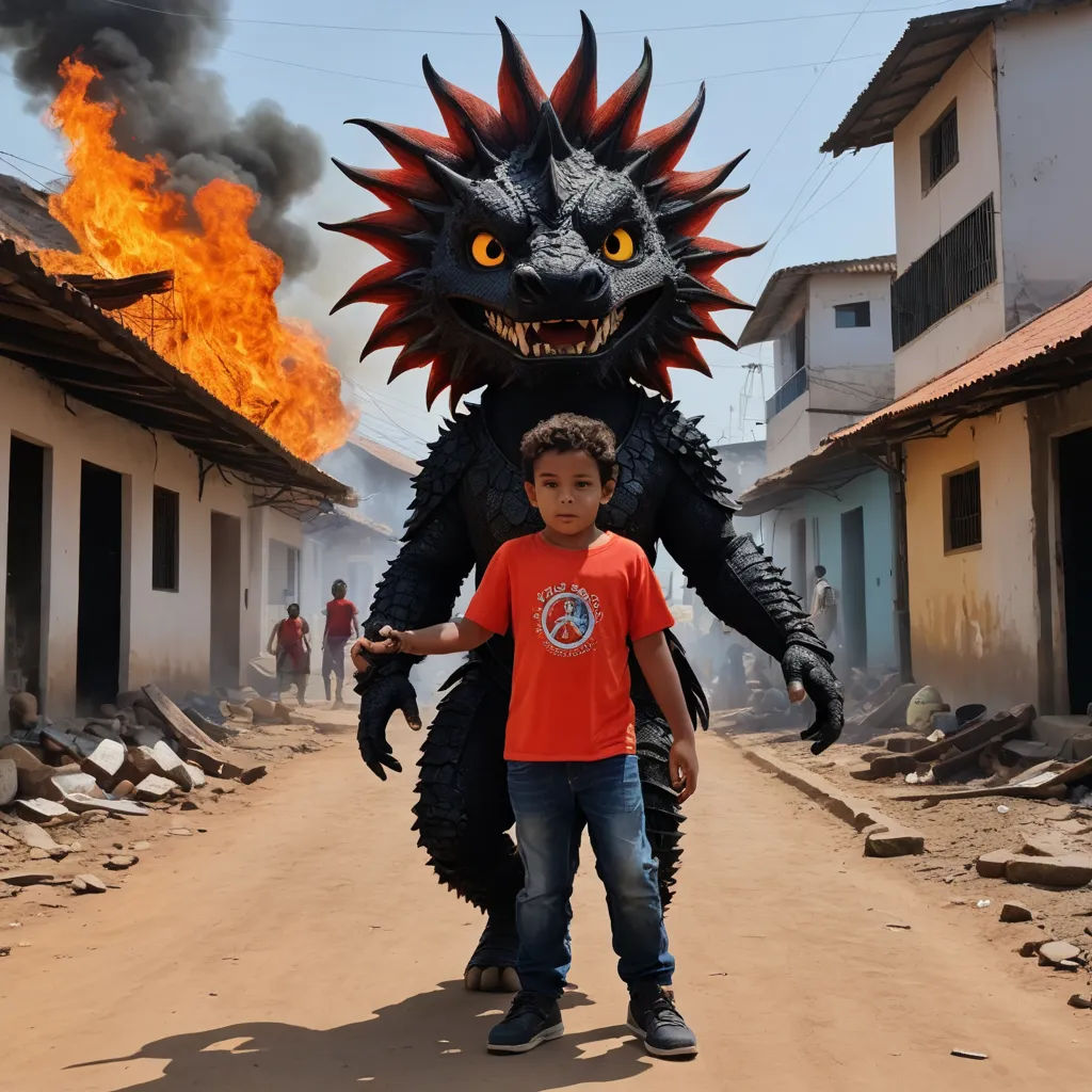 a boy standing next to a large godzilla statue on a street with a fire in the background and a building on fire, environmental art, an album cover, Adam Rex, award - winning photo