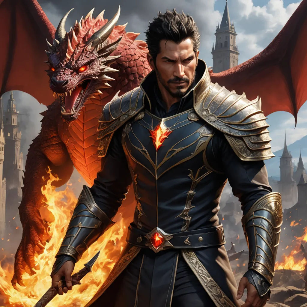 a man in armor standing next to a dragon on a fire background with a castle in the background and a red dragon on the right side, fantasy art, computer graphics, Cedric Seaut (Keos Masons), key art