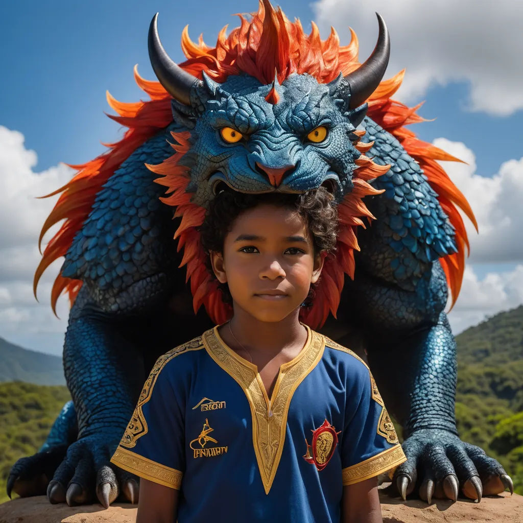 a boy standing in front of a statue of a dragon with a boy's head on his shoulders, sumatraism, a poster, Abidin Dino, promotional image