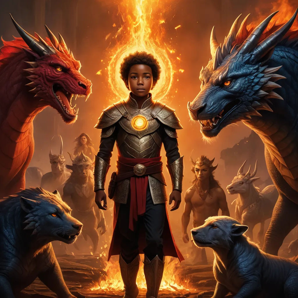 a young boy standing in front of a group of demonic creatures in a fantasy setting with a glowing ring on his head, fantasy art, concept art, Clint Cearley, epic fantasy character art