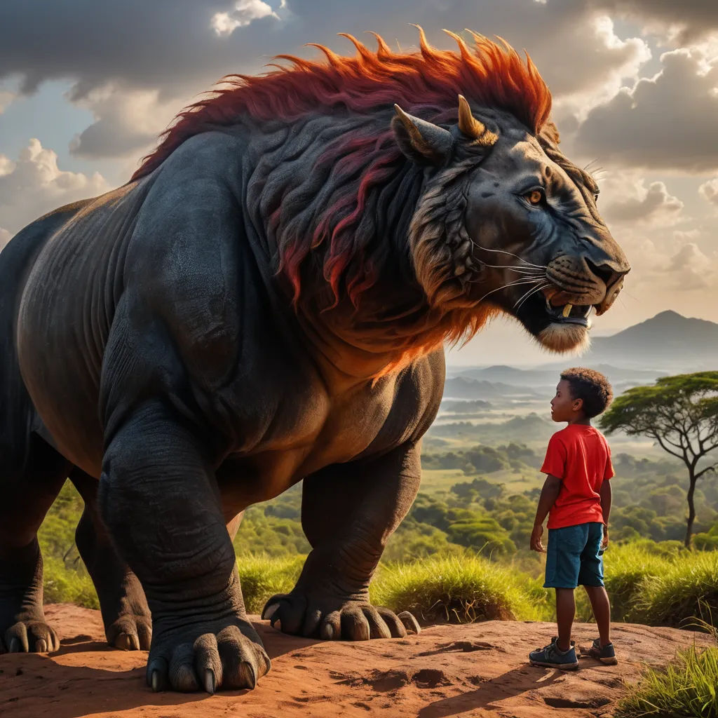 a boy standing next to a fake lion on a hill top with a view of the jungle behind him, fantasy art, concept art, Chris LaBrooy, promotional image