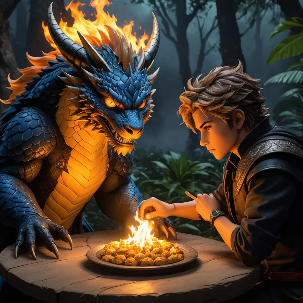 a boy is lighting a fire in a dragon - like bowl with a pizza on it and another boy is looking at it, sots art, concept art, disney, dragon art