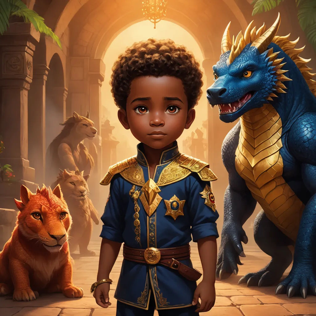 a boy in a blue suit standing next to a dragon and a fox in a fantasy setting with a golden crown, sots art, concept art, Chris LaBrooy, key art