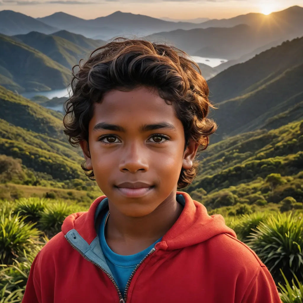 a young boy standing in front of a mountain range with a sunset in the background and a valley in the foreground, environmental art, a stock photo, Daniel Lieske, portrait photography