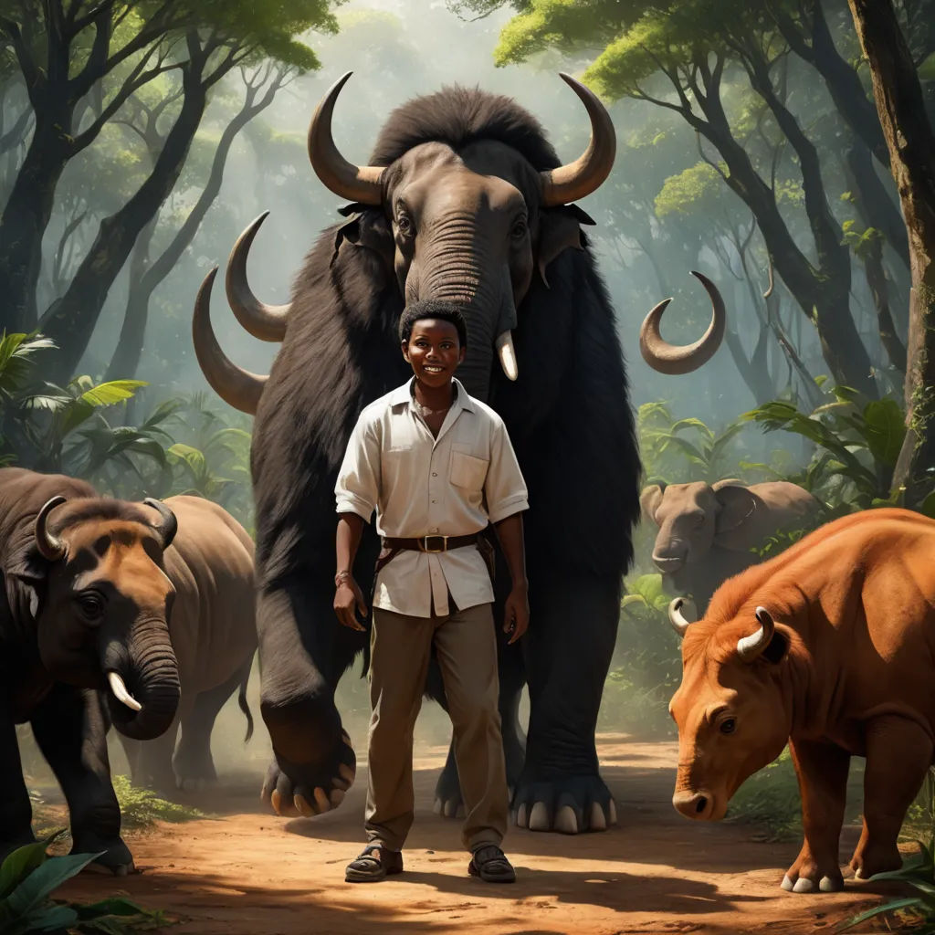 a man standing in front of a herd of elephants in a forest with trees and bushes behind him and a man standing in front of the elephants, magical realism, a detailed matte painting, Chris LaBrooy, promotional image