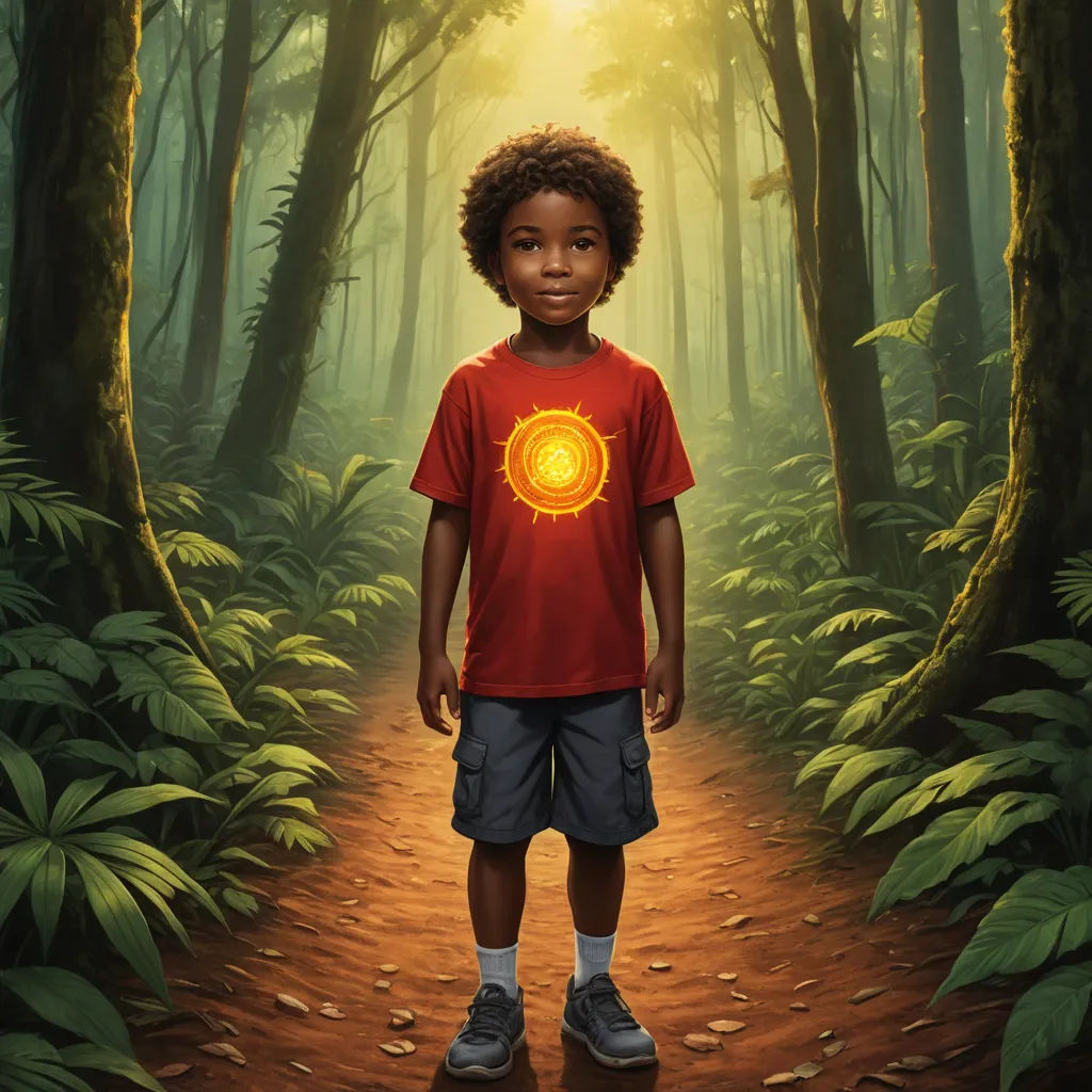 a young boy standing in a forest with a yellow circle on his shirt and a red shirt on his chest, magical realism, a character portrait, Chris LaBrooy, official art