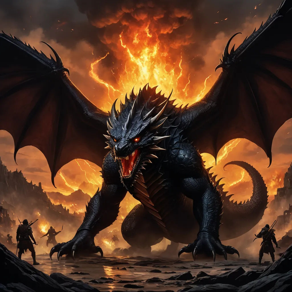 a dragon with a huge head and large wings is standing in front of a fire filled sky with other people, fantasy art, concept art, Dan Mumford, dragon art