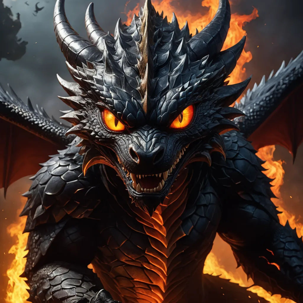 a dragon with yellow eyes and a black body with orange eyes and a black head with yellow eyes and a red eye, sots art, poster art, Anne Stokes, dragon art