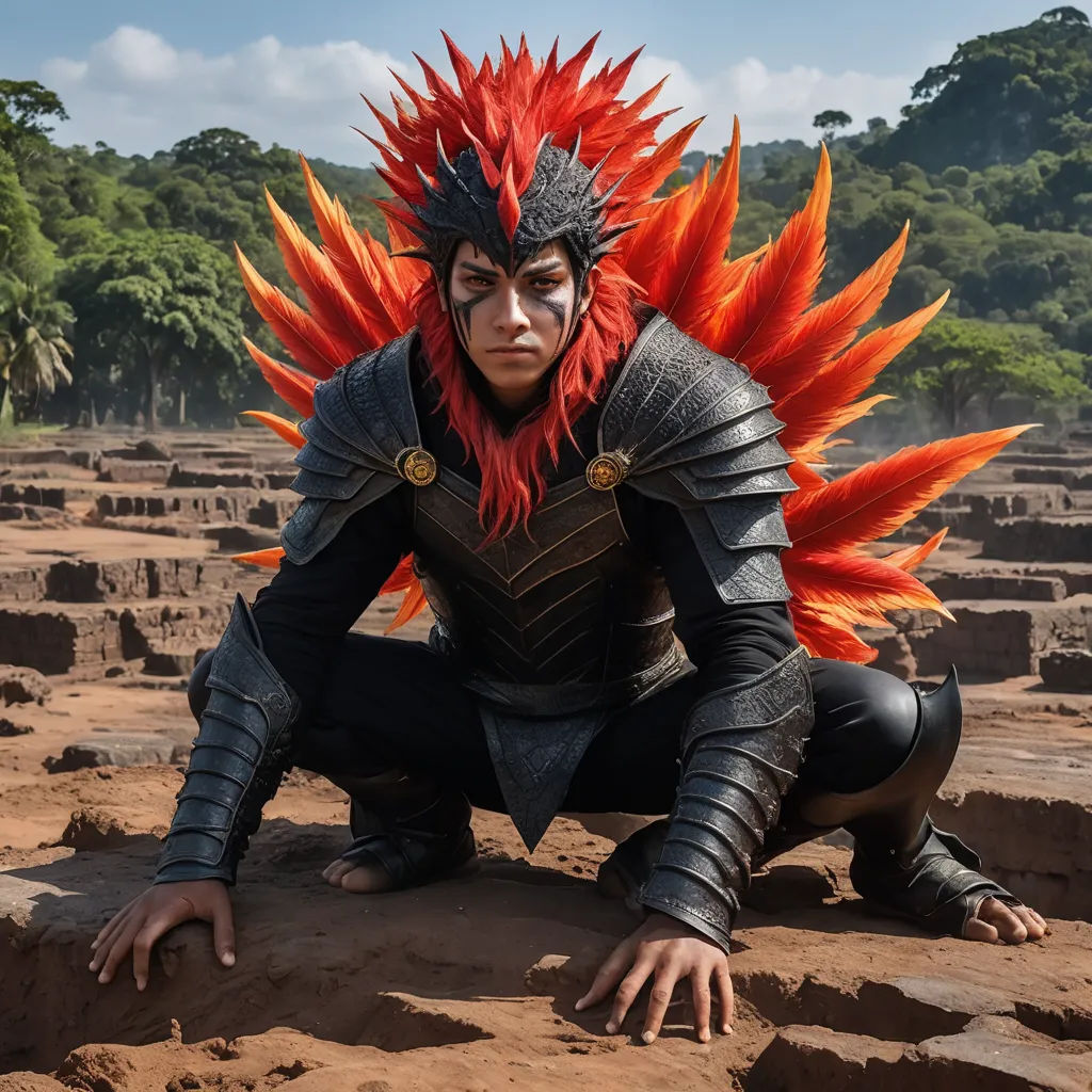a man in a costume with a red mohawk and orange feathers on his head and shoulders crouching on a rock, neo-primitivism, a stock photo, Adam Manyoki, cosplay