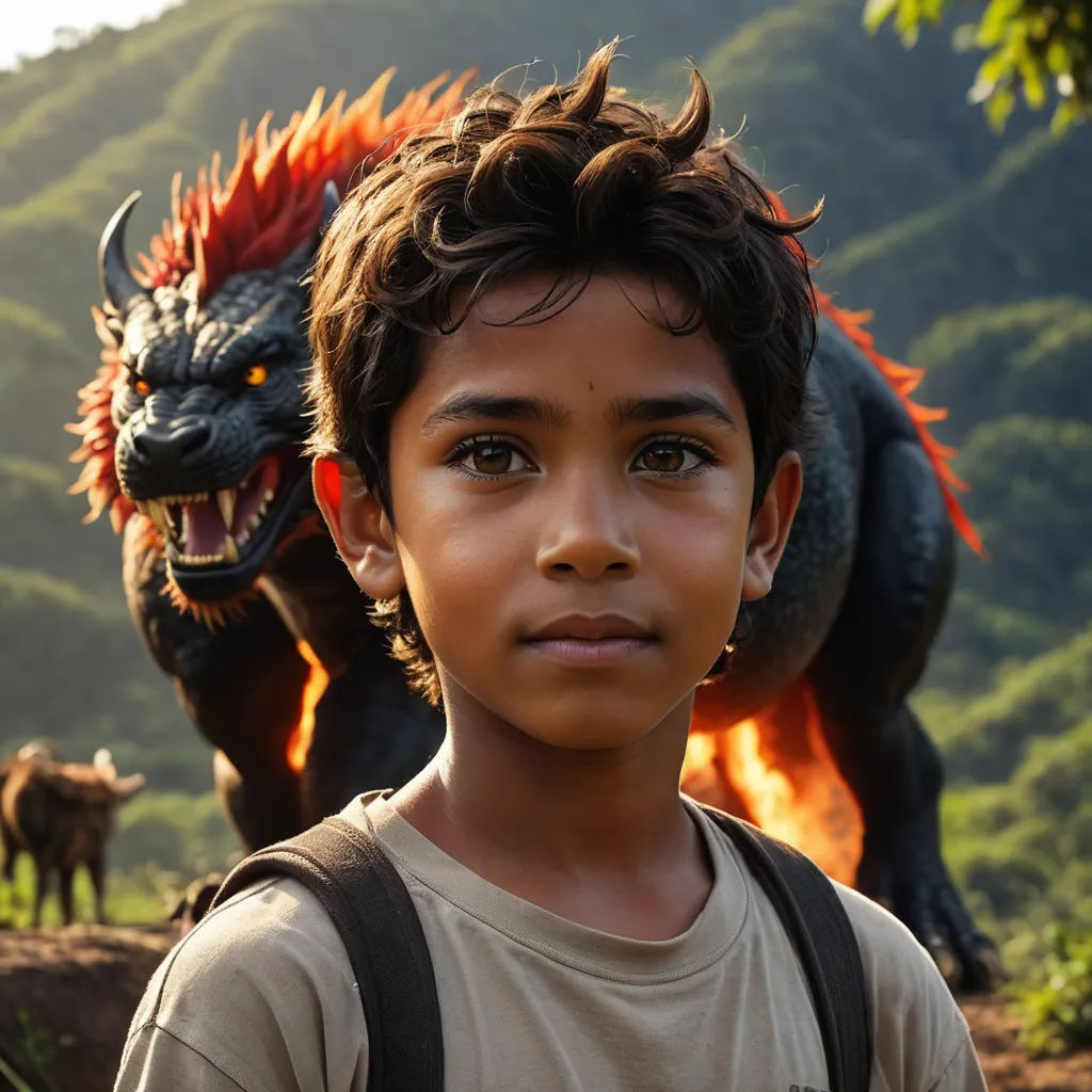 a young boy standing in front of a dragon statue with a mountain in the background and a red fire in the air, sumatraism, a poster, Abidin Dino, promotional image