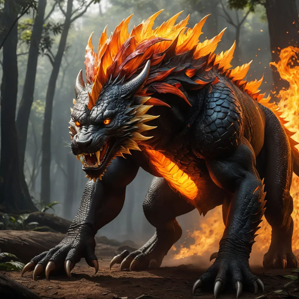 a dragon with orange flames on its body and tail, standing in a forest with trees and rocks, on a sunny day, furry art, concept art, Cedric Seaut (Keos Masons), unreal engine 5 highly rendered