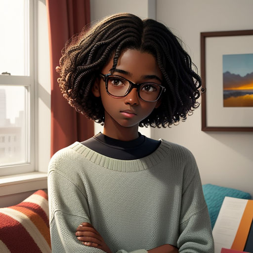 a young woman with glasses standing in front of a window with her arms crossed and looking at the camera, photorealism, a character portrait, Alexis Simon Belle, unreal render