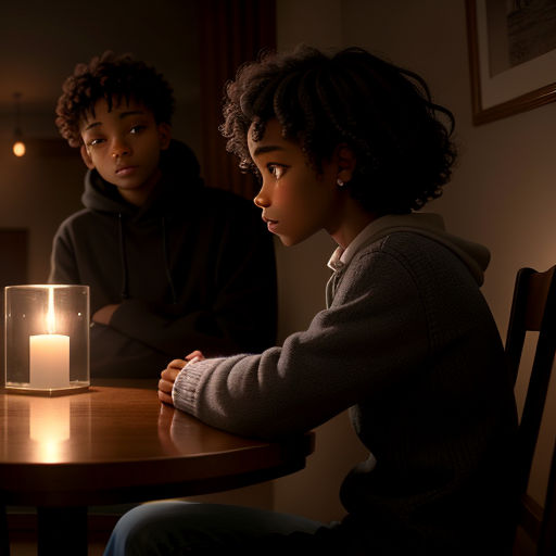 a boy and a girl sitting at a table with a candle in front of them on a dark background, shock art, a hologram, Felix-Kelly, movie still