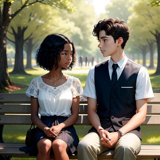 a man and a woman sitting on a bench in a park together, looking at each other, with trees in the background, american realism, a hyperrealistic painting, Felix-Kelly, official art