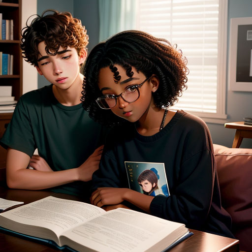 a boy and girl sitting at a table with an open book and a book on the table next to them, private press, a stock photo, Felix-Kelly, graphic novel