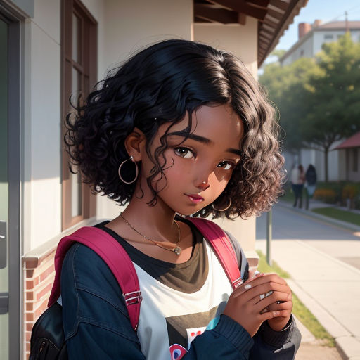 a young girl with curly hair and a backpack on a sidewalk next to a building and a sidewalk with a sidewalk sign, photorealism, an anime drawing, Alice Prin, anime art style