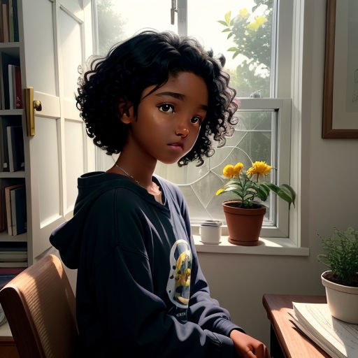 a young girl sitting in a chair next to a window with a potted plant in front of her, photorealism, a photorealistic painting, Alexis Simon Belle, cgstudio
