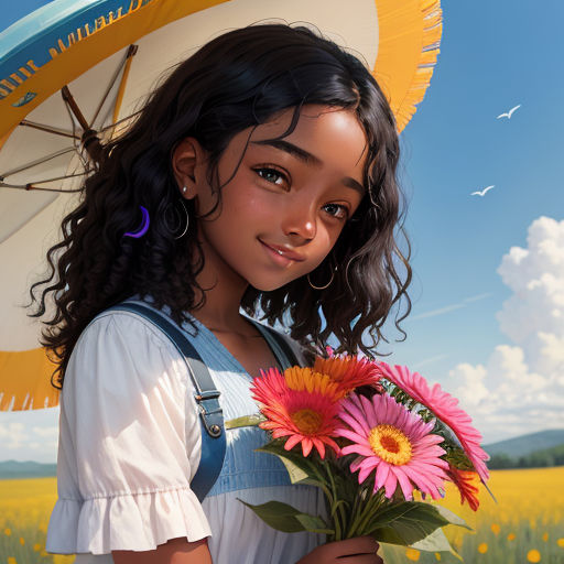 a girl holding a bouquet of flowers under an umbrella in a field of flowers with a bird flying overhead, photorealism, poster art, Aaron Jasinski, cgstudio