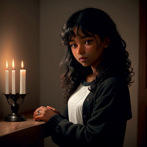 a woman standing next to a table with a lit candle on it and a candle holder in front of her, photorealism, a photorealistic painting, Constance Gordon-Cumming, j. c. leyendecker 8 k