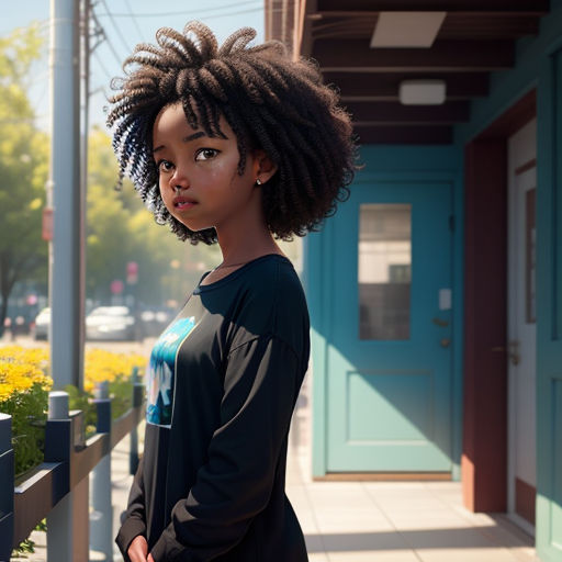a woman with a black shirt and a black skirt standing on a sidewalk next to a building with a blue door, photorealism, a photorealistic painting, Chinwe Chukwuogo-Roy, ultra realistic digital art