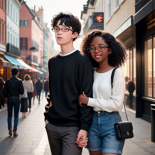 a man and a woman walking down a street together holding hands and smiling at the camera, with people walking by, neo-romanticism, a stock photo, Christian Hilfgott Brand, promotional image