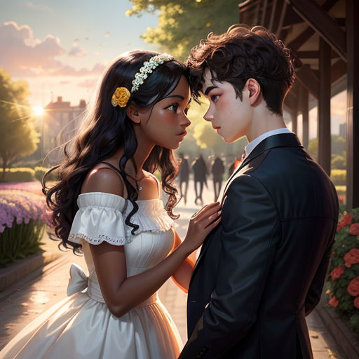a young man and woman in formal wear standing next to each other in a park at sunset, with a man in a suit and tie and woman in a white dress, fantasy art, a painting, Cedric Seaut (Keos Masons), official art