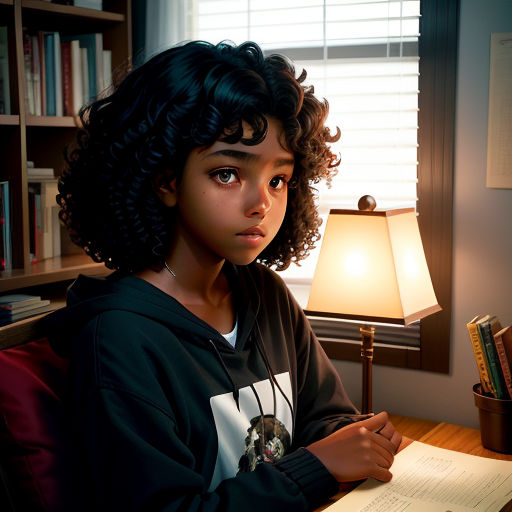 a young girl sitting at a desk with a book and lamp in front of her and a bookcase behind her, photorealism, a character portrait, Constance Gordon-Cumming, cgstudio