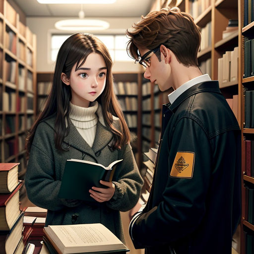 a man and a woman standing in a library reading books together and looking at each other's books, art & language, a comic book panel, Artgerm, stanley artgerm lau