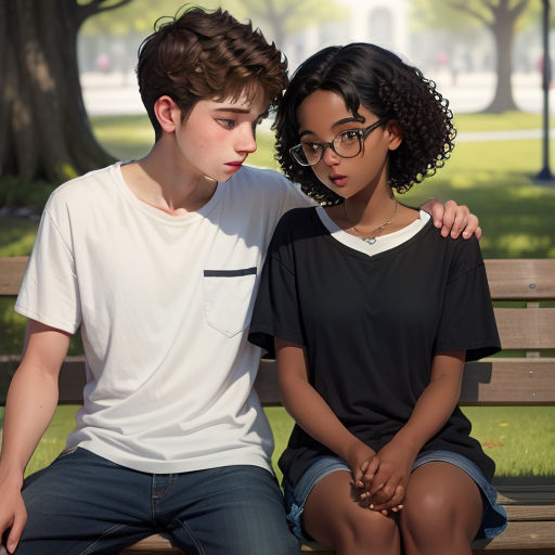 a boy and a girl sitting on a bench in a park together, one of them is touching the other's face, american scene painting, a stock photo, Felix-Kelly, promotional image
