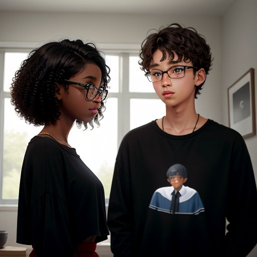 a boy and a girl standing next to each other in front of a window with a picture of a man on it, hyperrealism, a stock photo, Artgerm, ultra realistic digital art